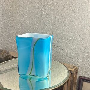 Blue Square Art Glass Vase with White Interior striking minimalist price